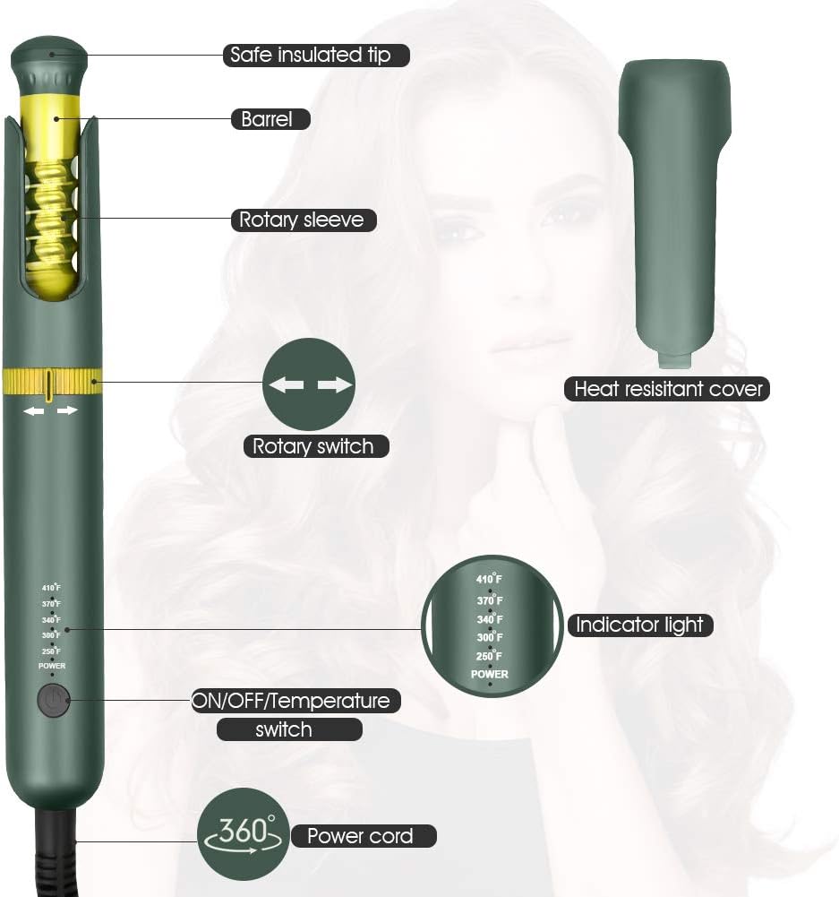 Professional Curling Iron Auto Hair Curler Compact Curling Wand Instant Heating Up Hair Wands Curler with 5 Temperature Adjustments Including Heat Protective Glove (Green): Health & Personal Care
