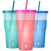Meoky Plastic Cups with Lids and Straws - 3 Pack 40 oz Tumblers Bulk, Reusable Color Changing Cups for Party, Car, Women, Adults, Iced Coffee, BPA-free
