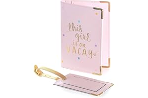 WORLD TRAVELER Eccolo Passport Cover Case and Luggage Tag Set, Card and Passport Holder for Women, Luggage Accessories for Travel, Gift Box, “This Girl is On Vacay” (Pink, 5.5x4 inches)
