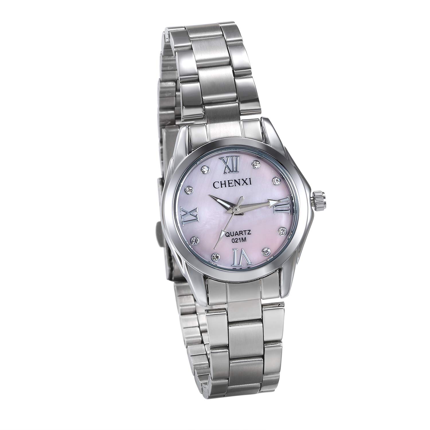 JewelryWe Womens Watches Rhinestone Roman Number Quartz Watch Silver Tone Stainless Steel Watchband Wrist Watch