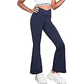 Zaclotre Girls Flare Leggings High Waisted V Crossover Casual Yoga Bell Bottoms with Pockets Pants for Kid
