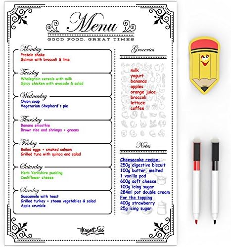 Meal Planner Calendar Magnetic Board - Menu Board with Grocery List &amp; Notes - Menu Organizer Refrigerator Calendar Planner 16x12 Inch