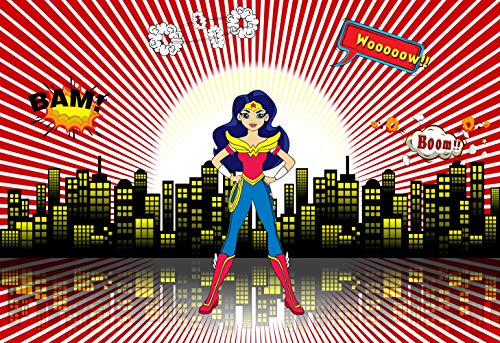 ERIC 7x5ft Vinyl Supergirl Wonder Woman Superhero Photography Backdrops Superhero Super City Skyline Buildings Background Photo Studio Prop LF140