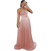 Rjer Strapless Bridesmaid Dresses with Scarf Satin and Chiffon A-Line Ruched Pleated Wedding Guest Dress Long for Women