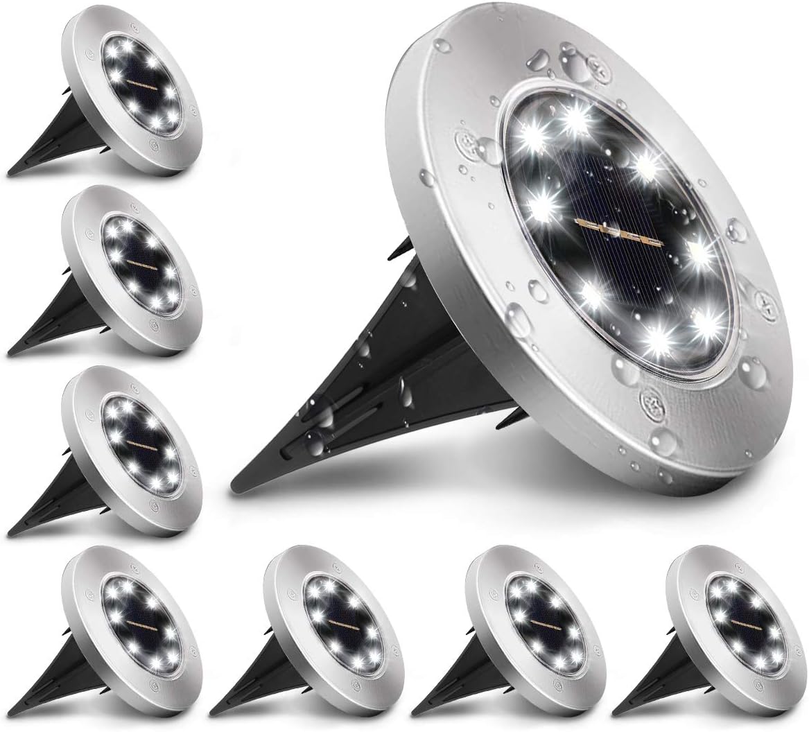 KINGSO 8 Stück Solar Bodenleuchte, Solarleuchten Solarlampen 8 LEDs, 6000K Kaltweiß Solarlicht, IP65 Wasserdicht Gartenleuchten für Rasen, Gehweg, Garden