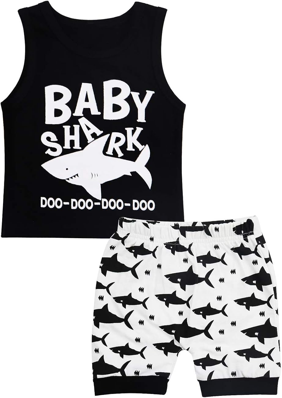 Baby Boy Clothes Shark and Doo Doo Doo Print Summer Cotton Sleeveless Outfits Set Tops + Short Pants
