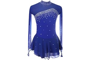 HAWFHH Figure Skating Skirt for Kids Girls, Long Sleeve Rhinestones Ice Figure Skating Dress, Warm Skate Competition Custumes