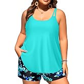 Women Plus Size Tankini Swimsuits Two Piece Flowy Bathing Suit with Short | Loose Fit,High Waisted Short with Pockets,Quick Dry,Adjustable Shoulder Straps,Built-in Brief