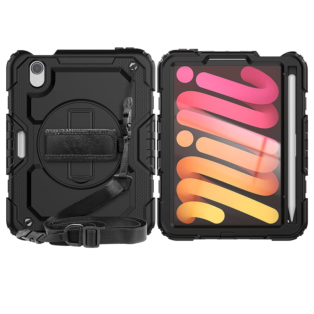 iCatchy Case Compatible with iPad Mini 7 (2024) / iPad Mini 6 (2021) (8.3 Inch) With Built in Screen Protector/Hand Strap/Rotating Stand/Shoulder Strap (Black)