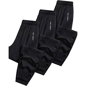 Boys Black Jogger Pants, Elastic Waist Quick Dry Athletic Pants with Zipper Pockets for Kids