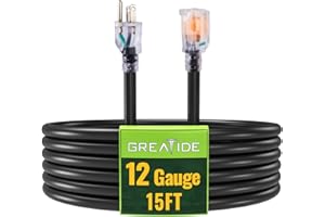 GREATIDE Outdoor Extension Cord with Lighted End, 12 Gauge Heavy Duty 15 FT, 3 Prong Grounded 15 Amp Extension Cord, 12/3 SJT