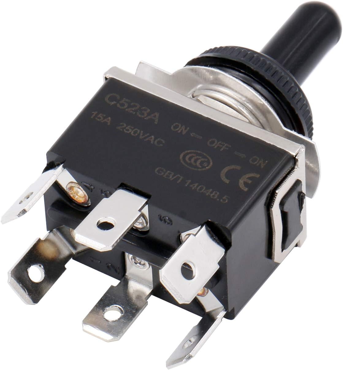 Heschen Metal Toggle Switch, C523A, DPDT, Maintained, ON/OFF/ON 3 position, 15A 250VAC, 6 Tab Terminal, CE, with Waterproof Cap (1) - Image 4