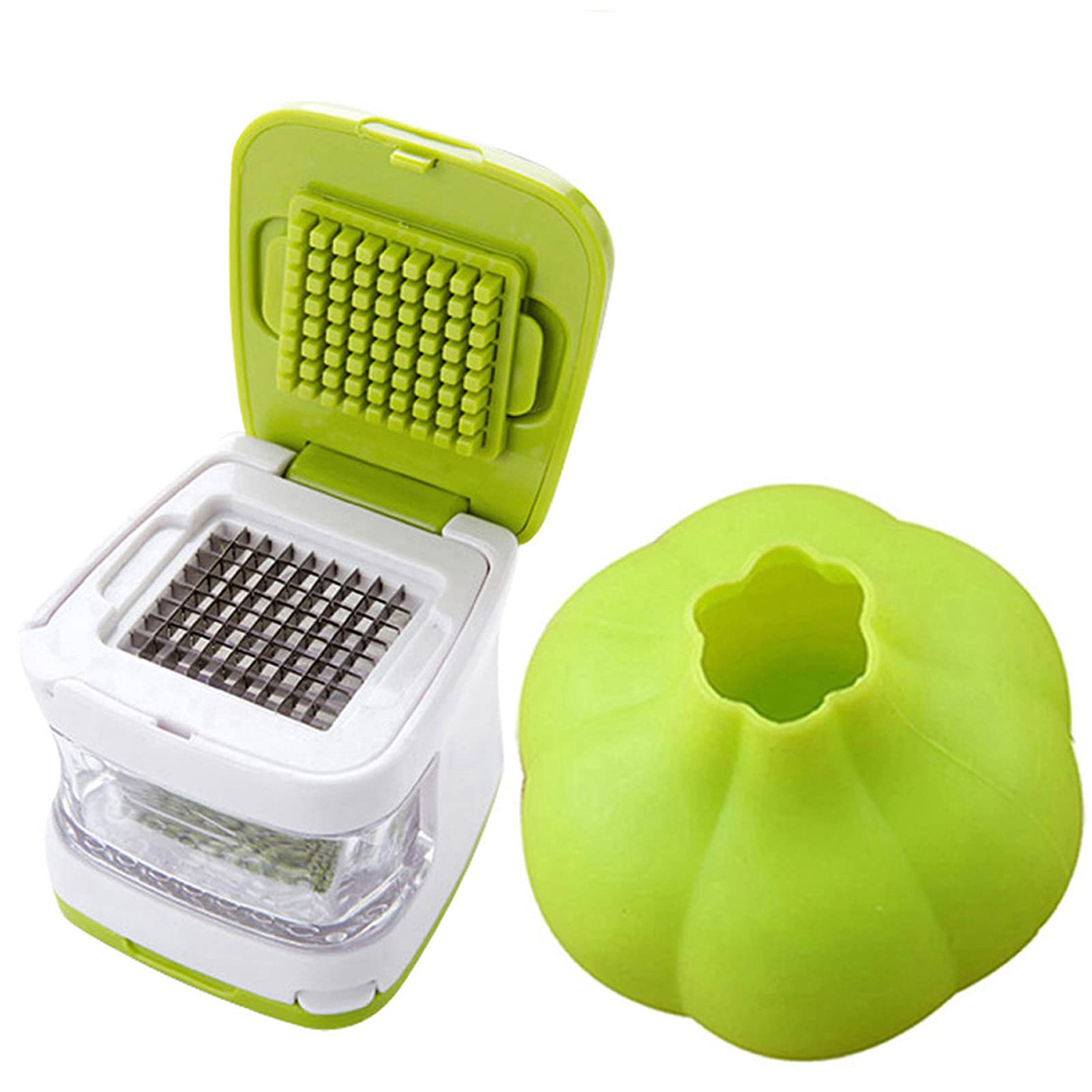 Photo 1 of Coralpearl Garlic Ginger Press Cutter Mincer Chopper Crusher Slicer Grater Grinder Dicer Machine Food Aid in Plastic Stainless Steel with Silicone Peeler Kitchen Gadget Green Tool Set (Round)