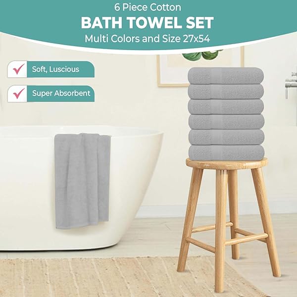 KAHAF COLLECTION PACK OF 6 BATH TOWELS 27 X 54 INCHES, 100% COTTON, LARGER & LIGHTER WEIGHT, QUICKER TO DRY, SUPER SOFT AND ABSORBENT, PERFECT FOR BATHROOM (LIGHT GREY, PACK OF 6 (27”X54”))