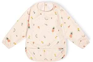 Lalo Smock Bib - Long Sleeve Bib for Infants and Toddlers - Elastic Cuffs, Large Catch-All Pocket, Waterproof Recycled Polyester - Easy to Clean for Mealtime - Fruit Print Grapefruit Infant