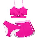 Teen Girls Swimsuit 3 Piece Bikini Set Criss Cross Bathing Suit Color Blocked Girls' Swimwear with Beach Sports Shorts