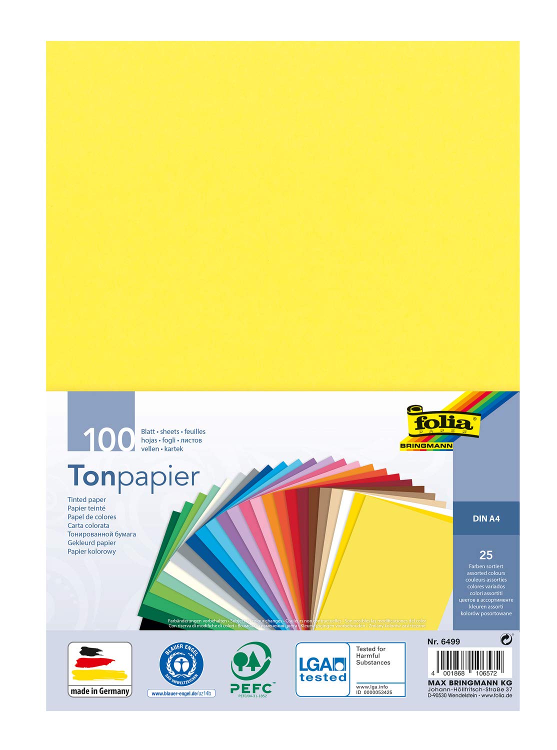 folia 6499 Coloured Paper Mix, DIN A4, 130 g/m², 100 Sheets Assorted in 25 Colours, for Crafts and Creative Design of Cards, Window Pictures and Scrapbooking — image 1