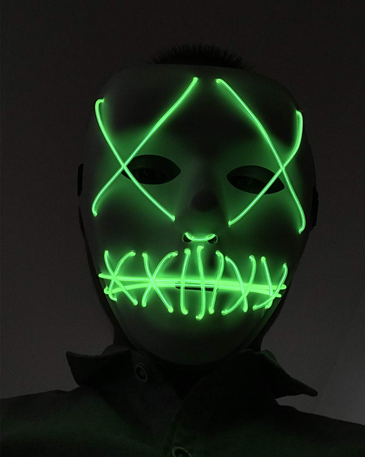 Scary Halloween Mask Cosplay LED Glow Scary EL Wire Light up Grin Masks for Festival Parties Costume (Green)