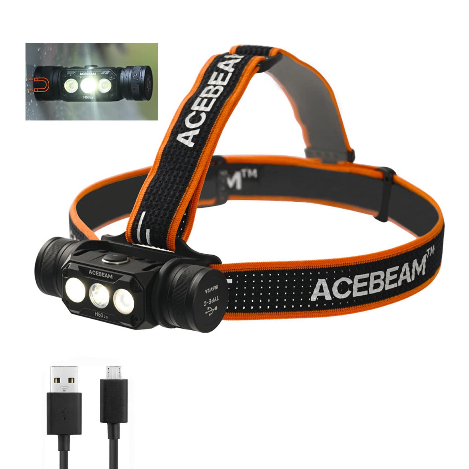 ACEBEAM H50 2.0 2000 Lumens Rechargeable Headlamp, Multi-Functional 125 Degree Wide-Angle floodlight Water-Resistant Flashlight with Headband, Perfect for Night Camping, Hiking, Hunting