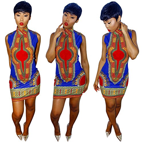 Kinghard Women African Print Dress Casual Straight Bohemia Mini Dress