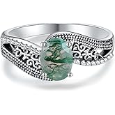 Lvoryance Vintage Genuine Moss Agate Statement Ring 925 Sterling Silver Green Moss Agate with Oxidized Filigree Ring for Anniversary Women Gifts