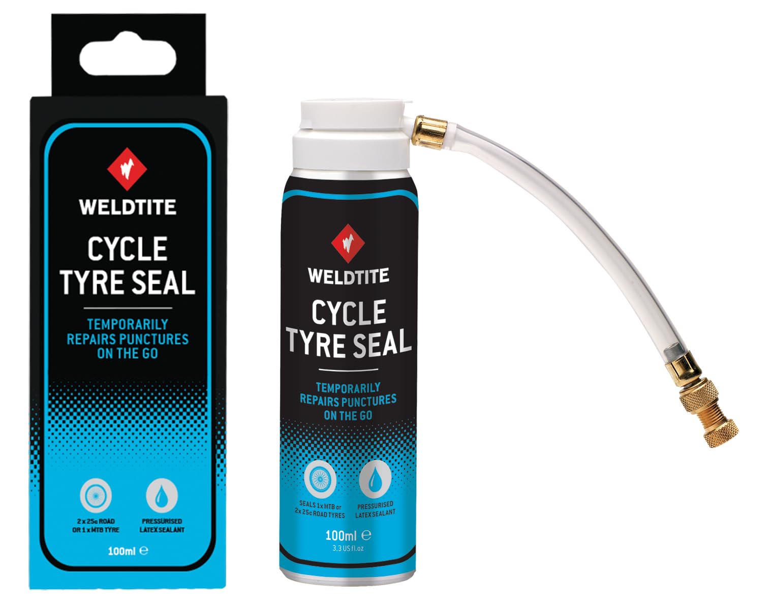 WELDTITE Cycle Tyre Sealant - Temporary Puncture Repairs - Pressurised Latex to Repair Two Road Tyres (700 x 25c), 100 ml