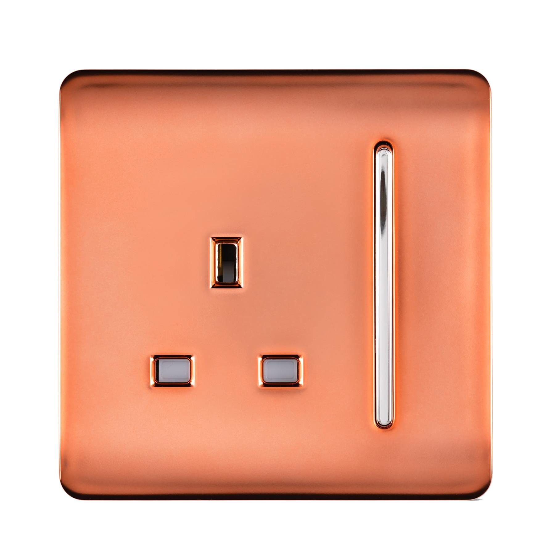 Trendi 1 Gang Raised Artistic Modern Glossy Screwless 13 Amp Single Pole with Chrome Switched UK Standard Electrical Double Wall Plug Socket in Copper - ART-SKT13CPR
