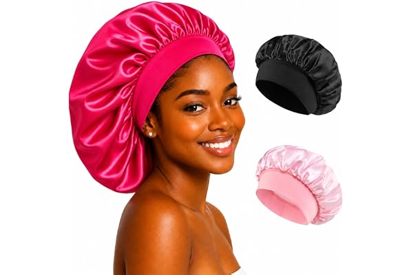 Touca de Cetim com Faixa Elástica Larga Anti Frizz Para Dormir Confortável - Tamanho Grande - Todos os Tipos de Cabelo Liso Crespo Ondulado Cacheado Longos Black Power - Material Premium