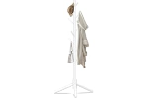 Unisakey Durable Wooden Coat Rack Stand(New White), Freestanding Coat Rack with Stable Triangular Base, 8 Hooks & 3 Adjustable Heights, Simple Assembly for Bedroom, Hallway, Office