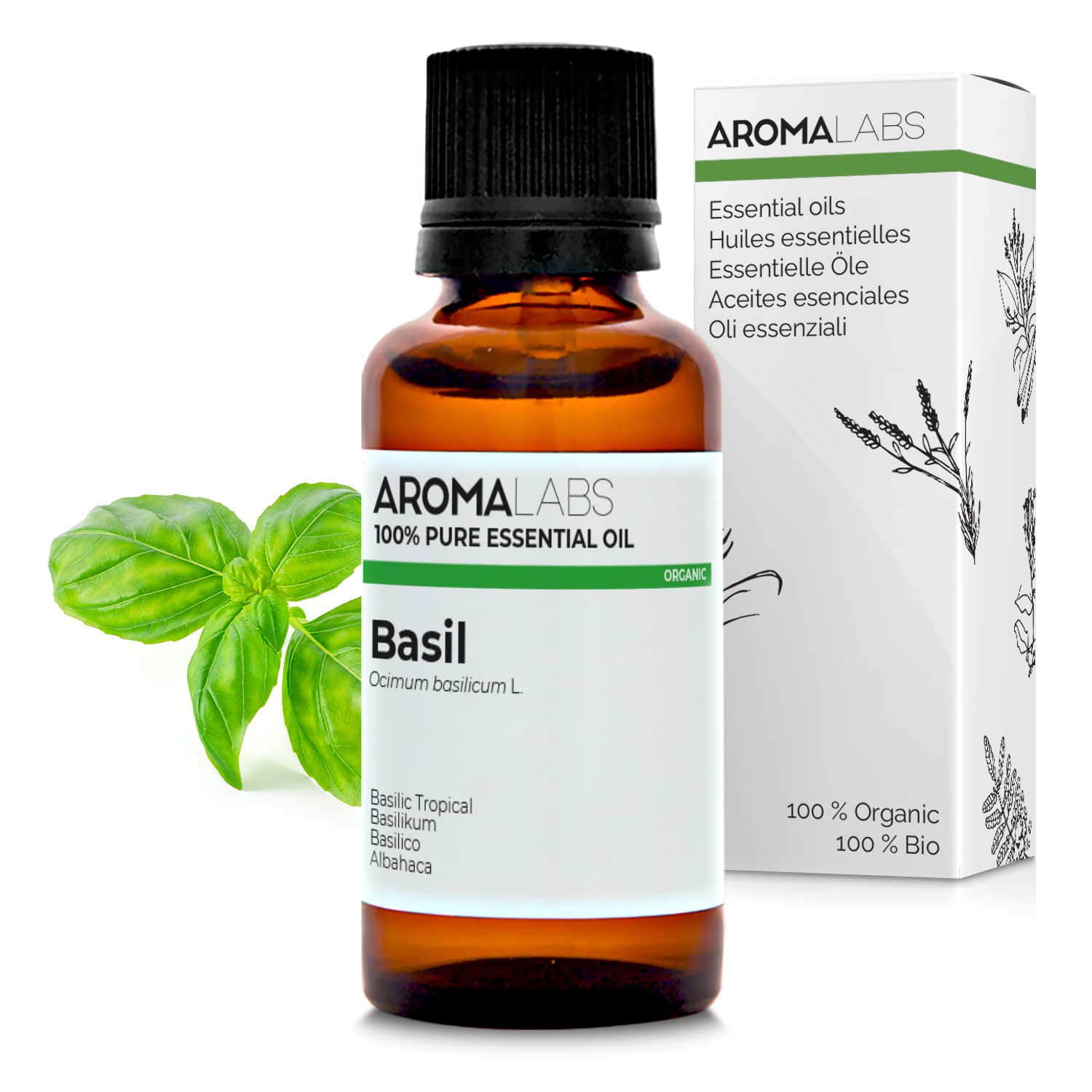 BIO - Basil Essential Oil - 30mL - 100% Pure, Natural, Chemotyped and AB Certified - AROMA LABS (French Brand)