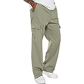 PEGENO Mens Cargo Pants Elastic Waist Drawstring Twill Hiking Pants with Multiple Pockets