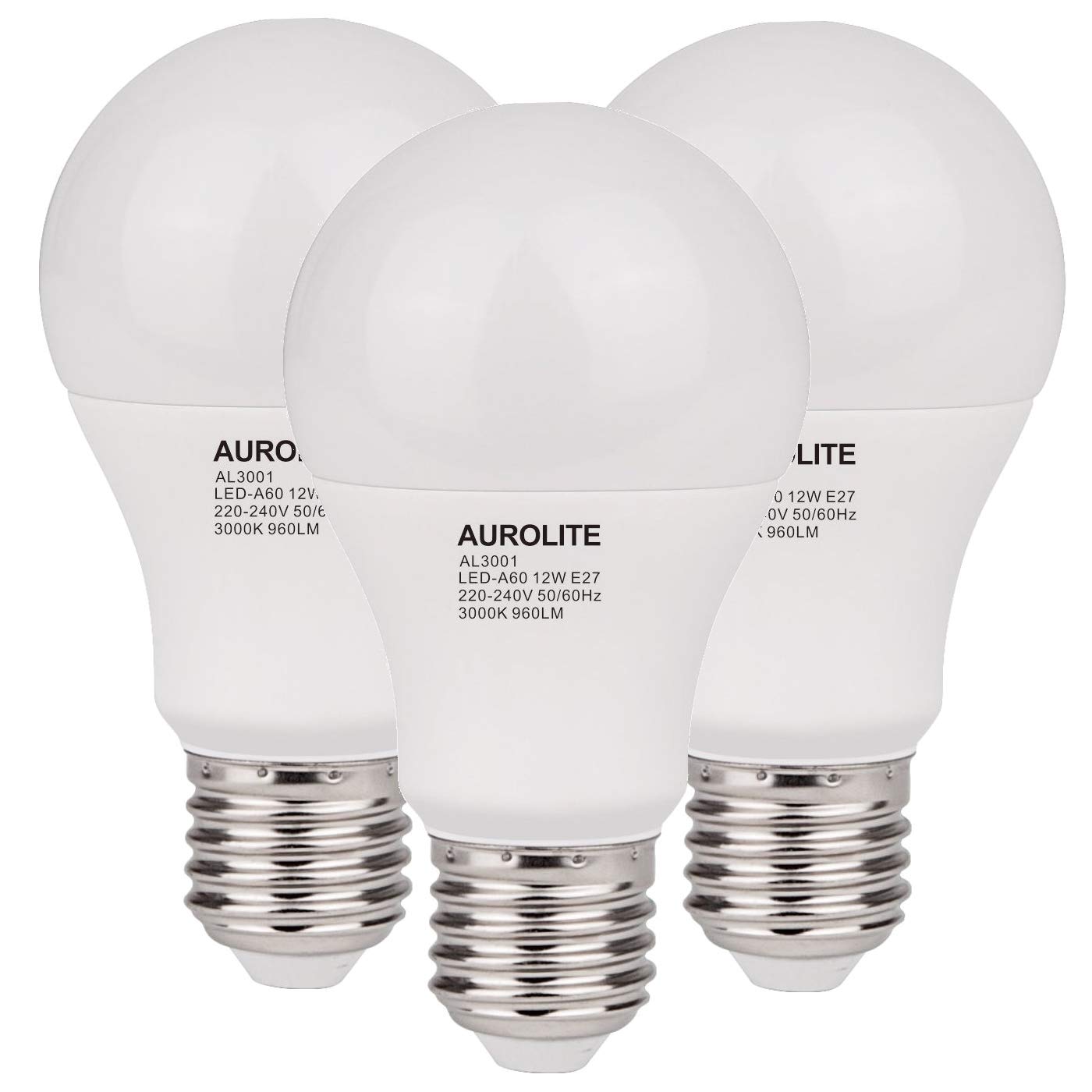 AUROLITE Pack of 3 LED Bulbs, A60/GLS, E27/ES Cap, 12 Watts (100 Watts Equivalent) 960 Lumens, Warm White (3000K), Ideal for Living Room, Bedroom, Kitchen, Hallway, Hotel, B&B
