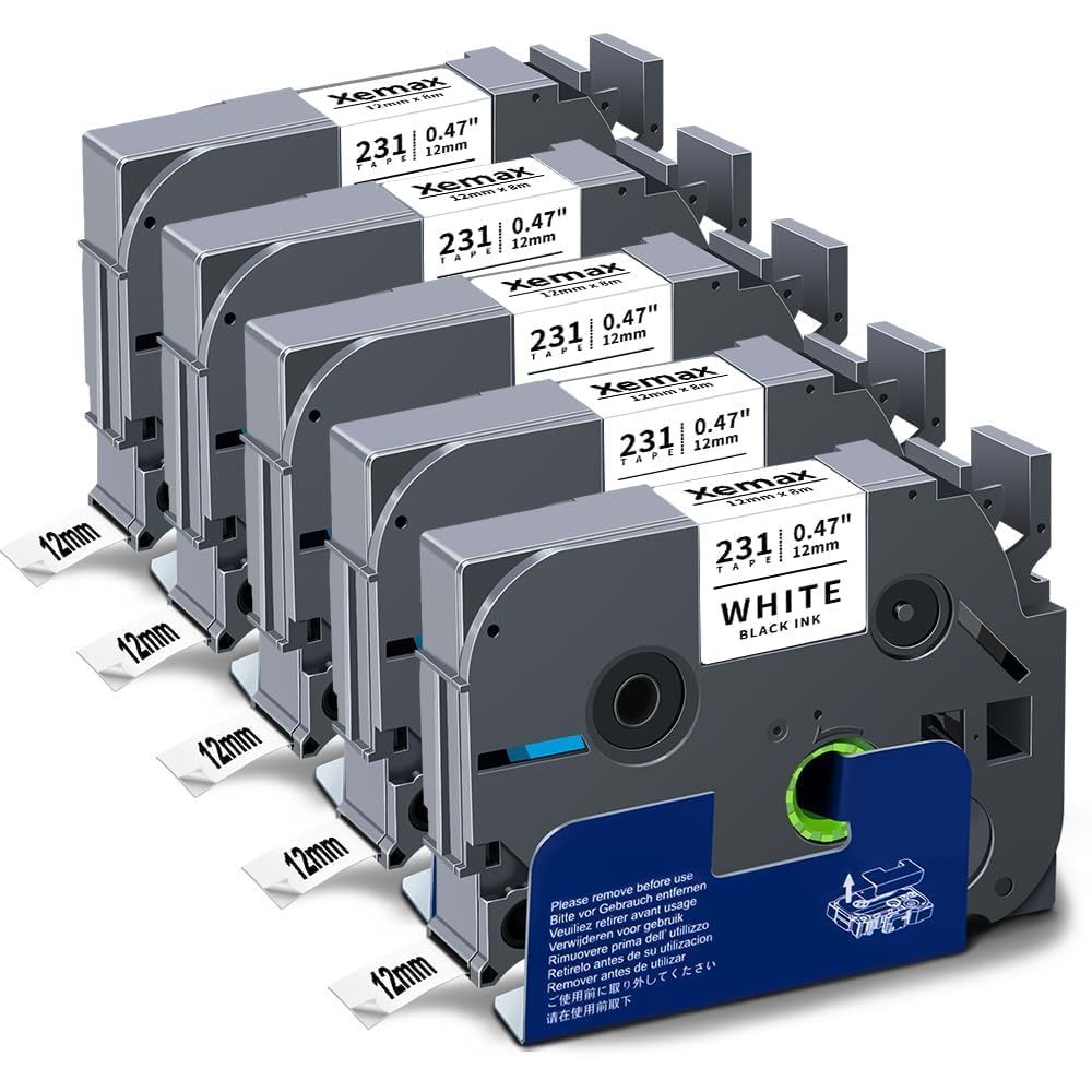 5X XemaX Compatible for Brother Label Printer Tape 12mm TZe-231 P-Touch Label Tape Cassette for Brother P-Touch Labeller PT-E110 H100R H110 H101C H108 E100 H100LB H105, Black on White
