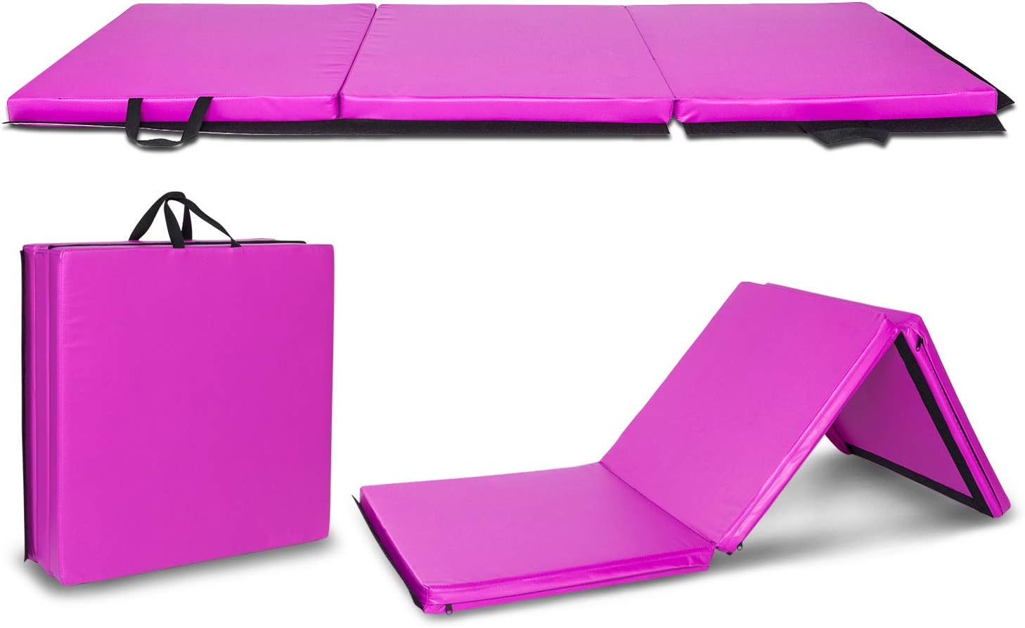 Autoau 6' Folding Tri-fold Gymnastics Gym Exercise Aerobics Mat, 6ft x 2ft x 2in PU Leather Tumbling Mats for Stretching Yoga Cheerleading Martial Arts
