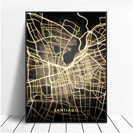 Amazon Ygacj ゴールドブラックキャンバスウォールマップポスター サンティアゴデチリ 芸術的地図ポスター ウォールアートポスター 50x70cm 非フレーム アートフレーム ポスター オンライン通販