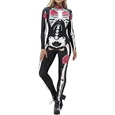 Roevite Halloween Bodysuits for Women Skeleton Jumpsuit Long Sleeve Halloween Costume Zip-up Skull One Piece Outfit