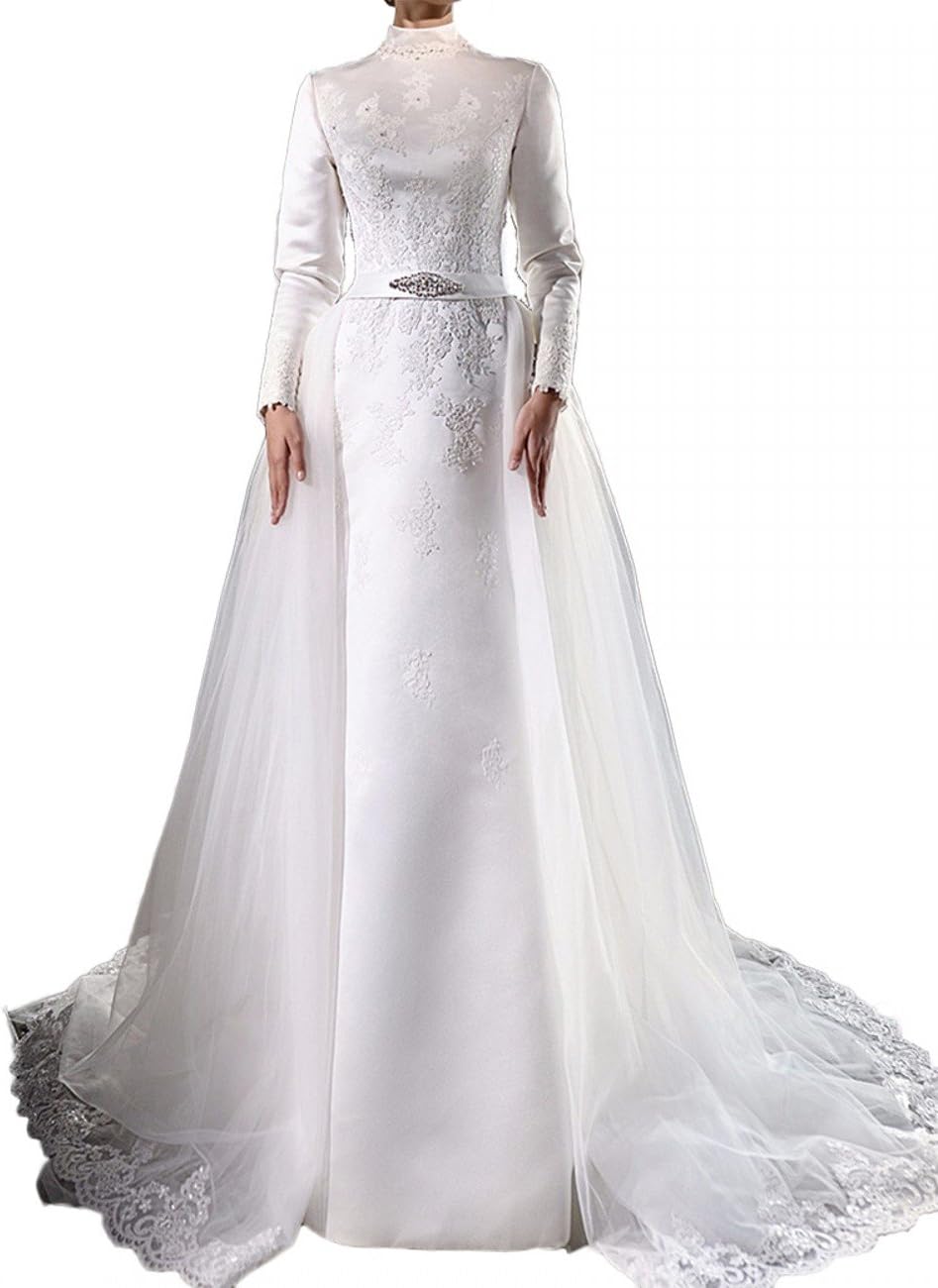 Vintage Long Sleeve High Neck Muslim Wedding Dresses Evening Gowns with Detachable Skirt 2019 White