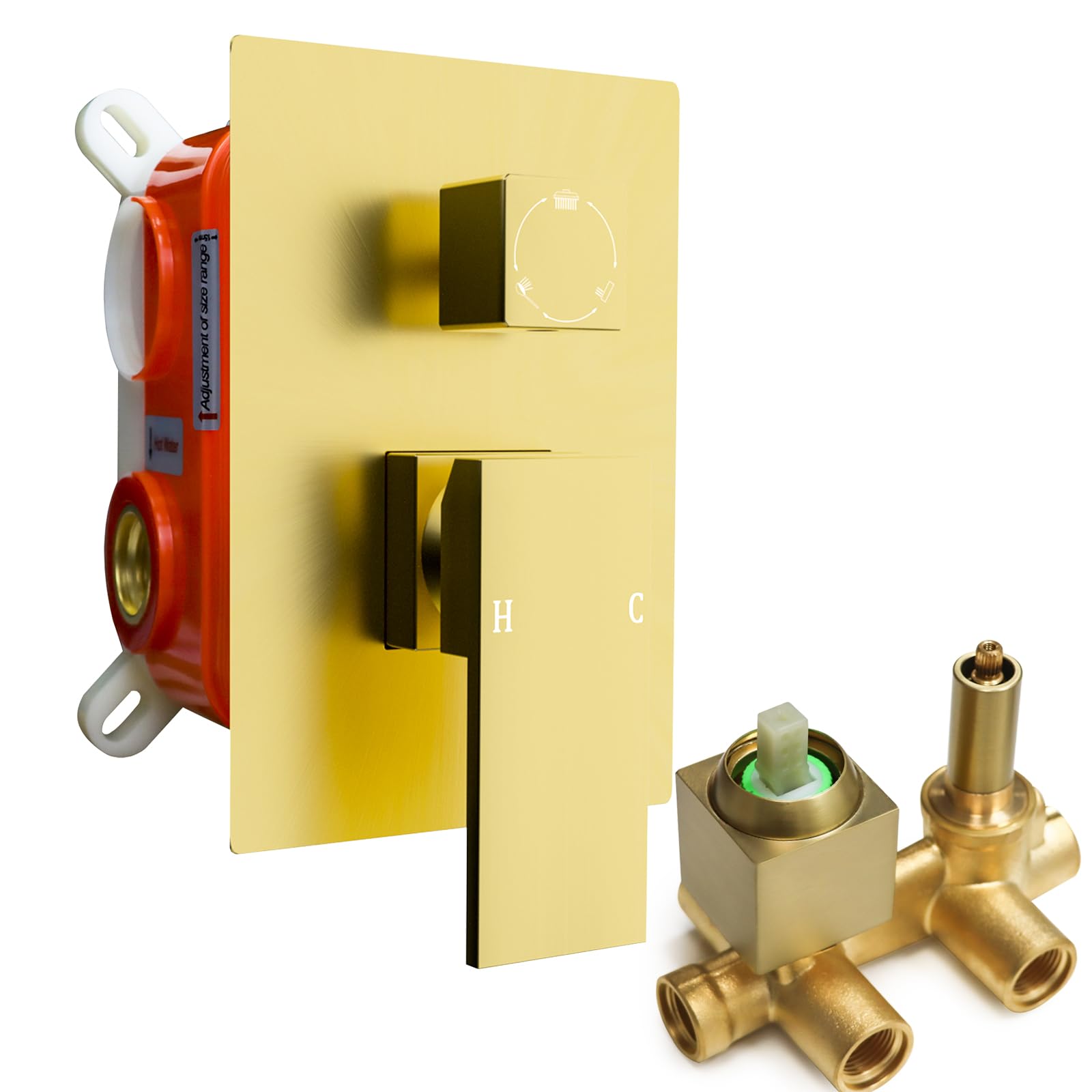 3 Way Shower Mixer Valve, Square Dual Function Shower Diverter Mixer Valve, Wall Mount Shower Faucet Rough-in Valve Bathroom Trim Kit Brushed Gold - GETSHOWERSET