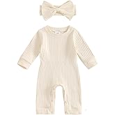 Winioder Newborn Baby Girl Fall Clothes Ribbed Long Sleeve Romper Jumpsuit with Headband Infant 2Pcs Coming Home Outfit