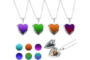 SHEHARUHI 5 Pieces Heart Locket Necklace Temperature Sensing Color Changing Mood Necklace Love Heart Photo Pendant Stainless Steel Glitter Necklace Jewelry for Birthday Christmas Valentines