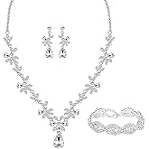3 Pieces Silver Plated Jewelry Set for Women, Artificial Rhinestone Crystal Statement Necklace Teardrop Dangle Earrings Link Tennis Bracelet Costume Jewelry for Bridal Wedding Party