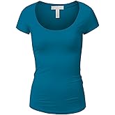 Active Basic Womens Plain Basic Deep Scoop Neck with Cap Short Sleeves - Teal - Medium