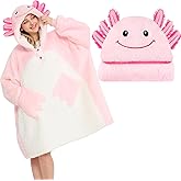 Axolotl Blanket Hoodie for Adults & Kids, Oversized Pullover for Women, Men, and Teens, Pink Wearable Hooded Blanket with Pockets & Sleeves, Warm Cozy Plush & Sherpa Pajamas for Christmas