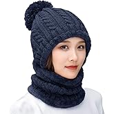 HUAMULAN Women Winter Beanie Hats One Piece Fleece Lined Knit Balaclavas Mask Set Skull Neck Circle Scarf Ski Snow Hat Pompom