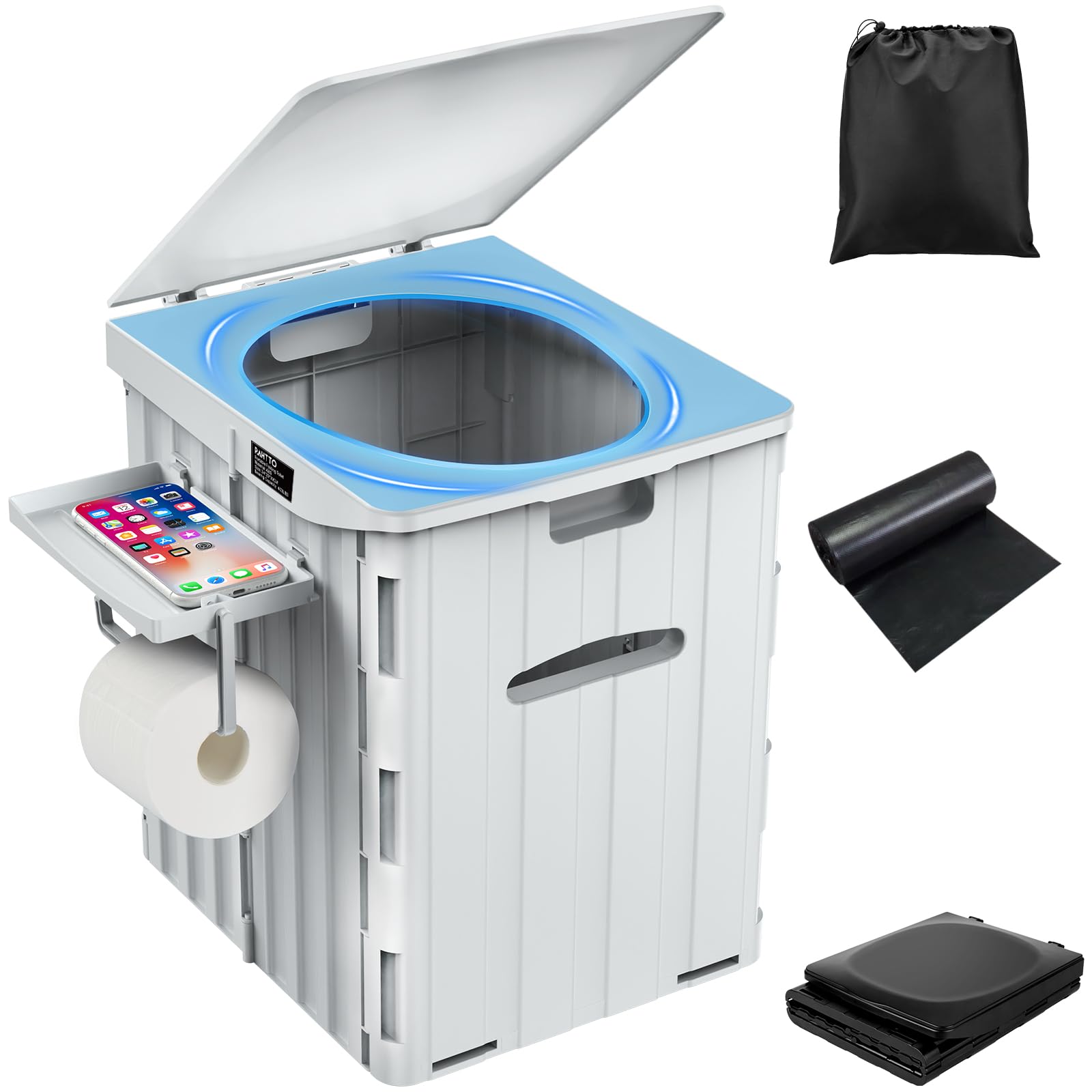 Photo 1 of XL Portable Toilet for Adults Extra Large, 15.4"H Foldable Camping Toilet with Detachable Phone Shelf and Toilet Paper Holder, Waterproof Porta Potty with Lid for Camping, Long Road Trips, Car, Gray