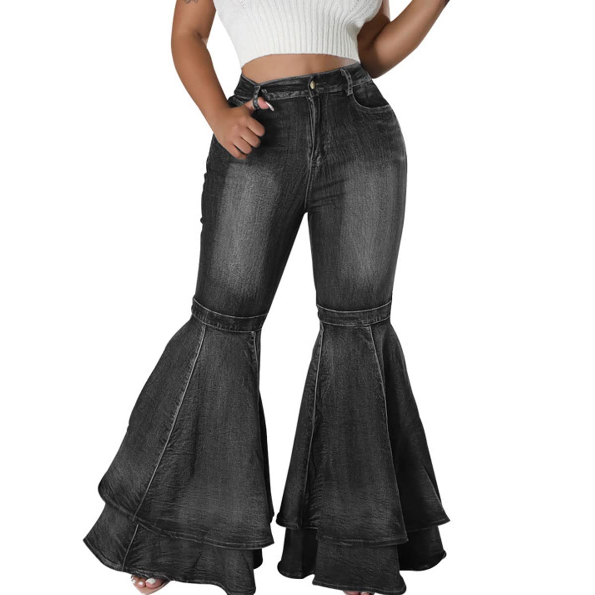 Photo 1 of ThusFar Bell Bottom Jeans High Waisted Pleated Layered Ruffle Hem Flared Wide Leg Denim Pants 70s Outfits for Women Black L