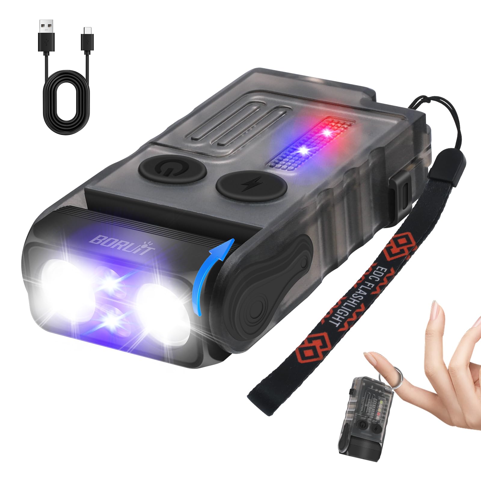 BORUIT V20 Small Torches Led Super Bright with Clip,365nm UV,180°Head Swivels,1000LM USB C Rechargeable Mini Pocket Keychain Flash Light,110DB Buzzer,with COB Light-13 Mode(Black UV Edition)