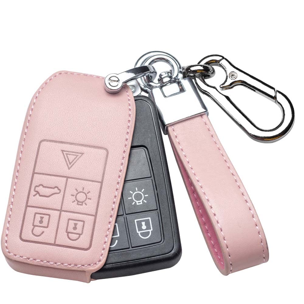HIBEYO Smart Car Key Case Fits Volvo, Classic Pink Leather Key Fob Cover for Volvo V40 V60 V70 V90 S80 XC60 XC70 T3 T4 T5 S60L S80L, 5 Buttons, Scratch Resistant, Women's Accessory