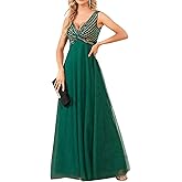YHHOWEP Women Sequin Maxi Formal Evening Party Dresses Glitter Empire Waist V Neck Sleeveless Tulle Wedding Guest Dress Dark Green M