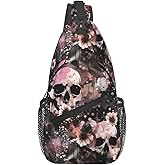Krirteh Flowers And Skulls Sling Bag For Women Men Halloween Backpack Crossbody Skull Shoulder Bag Sling Backpack Chest Bag Travel Hiking Casual Sport Daypack